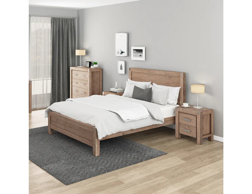 4 Pieces Bedroom Suite in Solid Wood Veneered Acacia Construction Timber Slat King Size Oak Colour Bed, Bedside Table & Tallboy