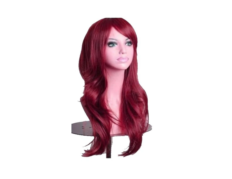 70cm Wavy Curly Sleek Full Hair Lady Wigs w Side Bangs Cosplay Costume Womens - burgundy