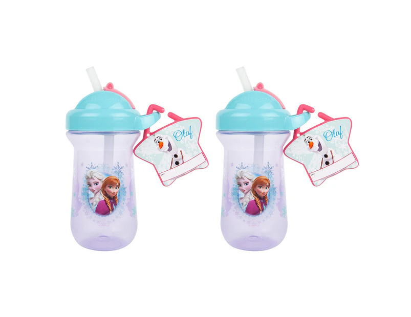 2x Frozen Flip Top Straw Drink/Juice/Milk BPA Free Cup w/ Name Tag Todddler 18m+