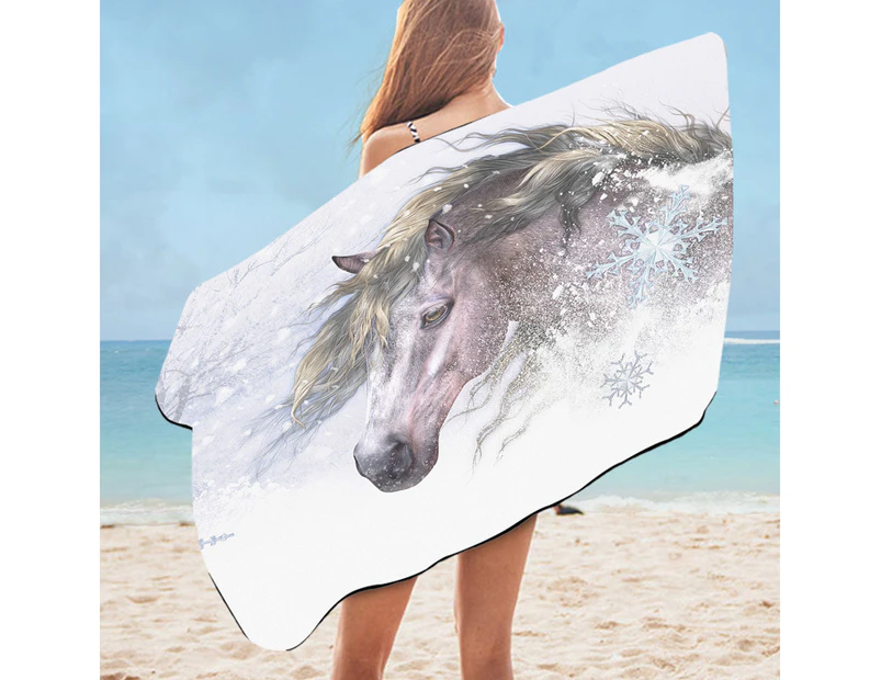 Winter Snow and Bright Hair White Horse Microfiber Beach Towel