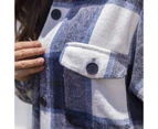 Lookbook Womens Lapel Plaid Wool Blend Coat Long Jacket-Navy Blue