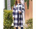 Lookbook Womens Lapel Plaid Wool Blend Coat Long Jacket-Navy Blue