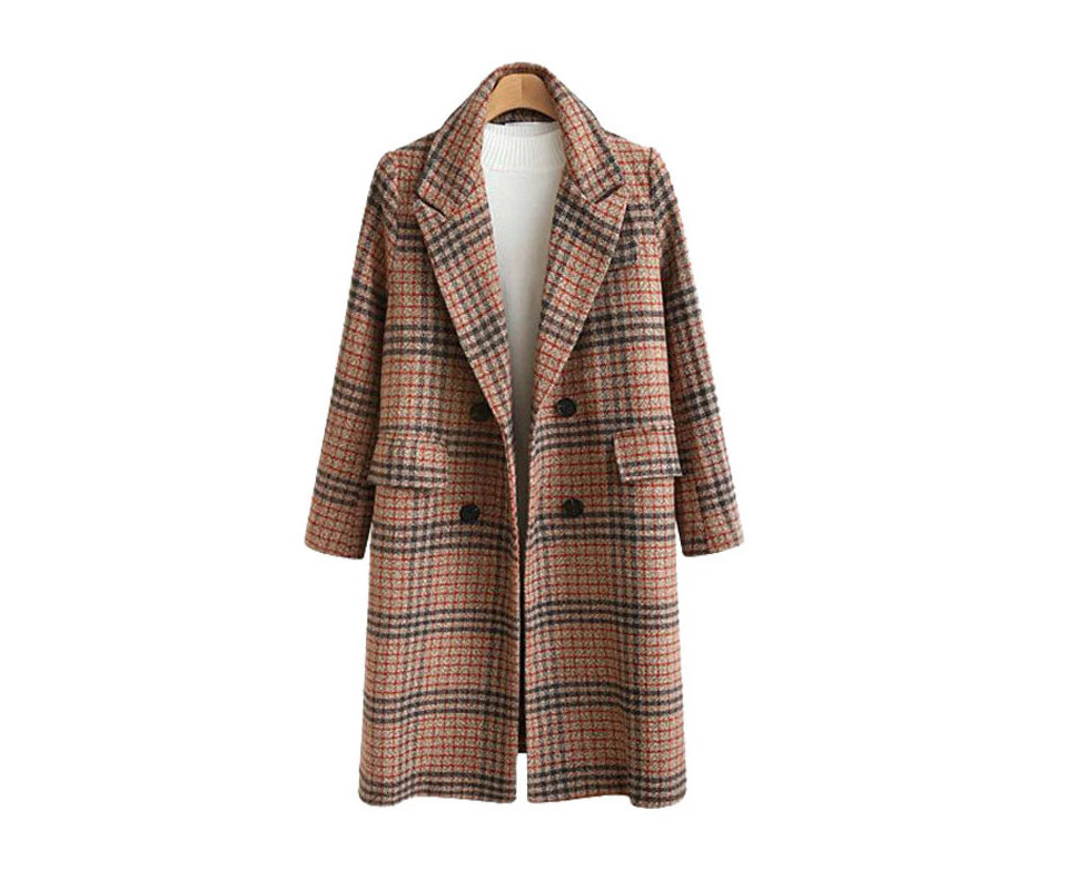 Lookbook Womens Classic Long Wool Blend Coat Lapel Plaid Double Breasted Overcoat-Camel