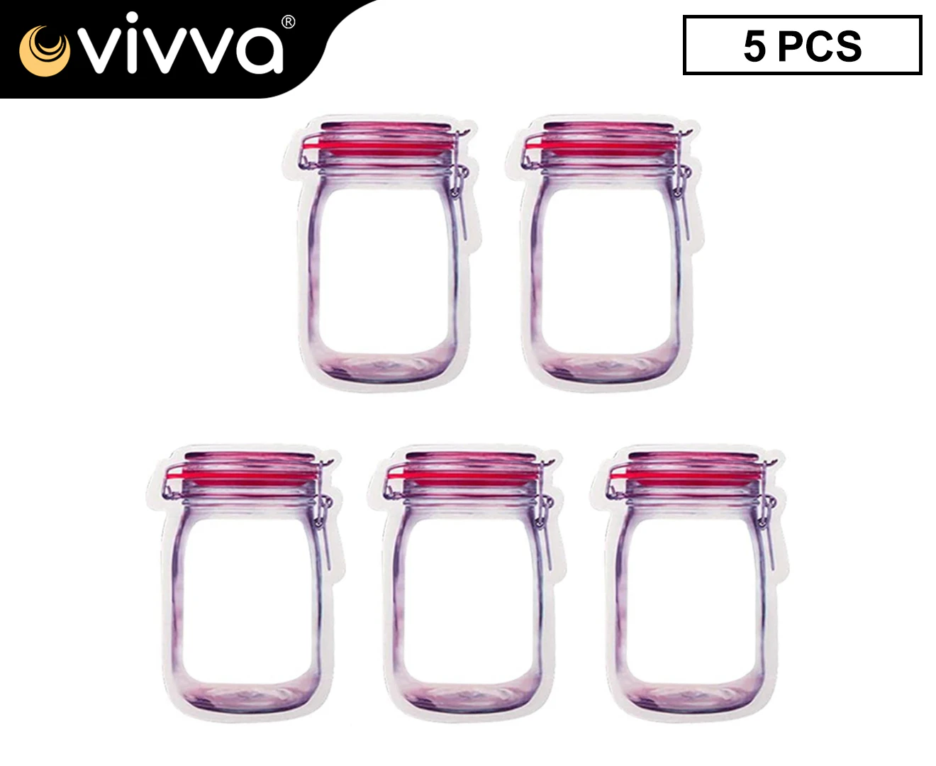 Mason Jar Zipper Pack Food Storage Bags PE Reusable Zip Lock Bag Stand Pouch M Size 5pcs Set