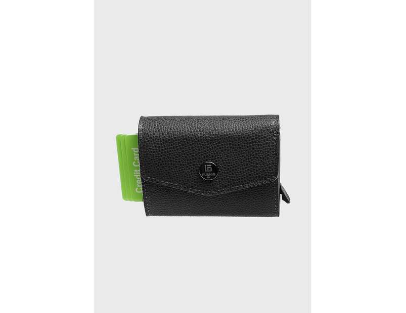 Furniq Genuine Leather, Caviar Pattern Black Snap Closure Bifold Wallet & Card Holder