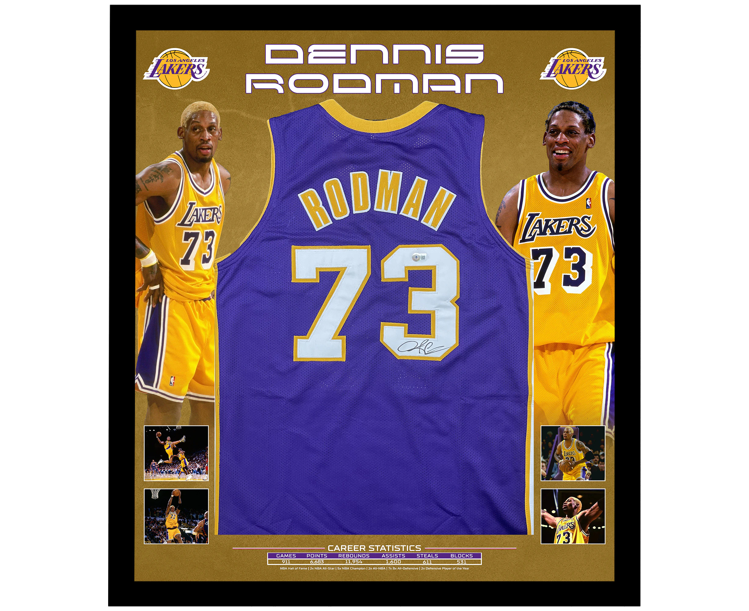 Dennis Rodman Autographed Framed Gold Los Angeles Lakers Jersey Auto JSA COA