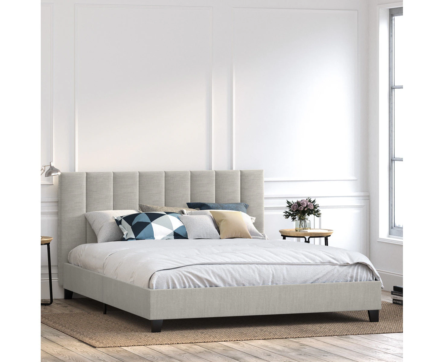 Fabric Bed Frame in King, Queen and Double Size (Vertical Lines, Beige)