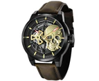 PAGANI Men's Unique Hollow Dial with Gold Skull Brown Leather Band Automatic Mechanical Watch