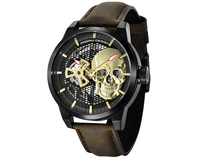 PAGANI Men's Unique Hollow Dial with Gold Skull Brown Leather Band Automatic Mechanical Watch