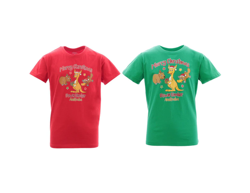 Kids Boys Girls Christmas Xmas T Shirt Tree 100% Cotton [Design: Kangaroo & Friends-Red]