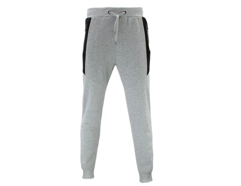 FIL Men's Unisex Fleece Jogger Track Pants Black Zipped Pockets Cuffed Trousers - Light Grey