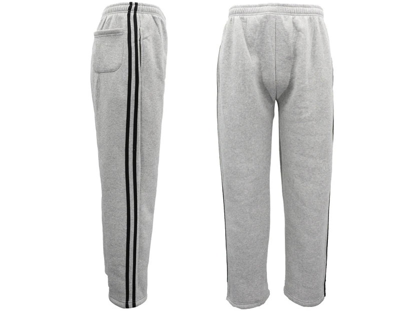 Men's Fleece Lined Casual Sports Track Striped Sweat Pants Trousers Gym Trackies - Light Grey w Black Stripes - Light Grey w Black Stripes
