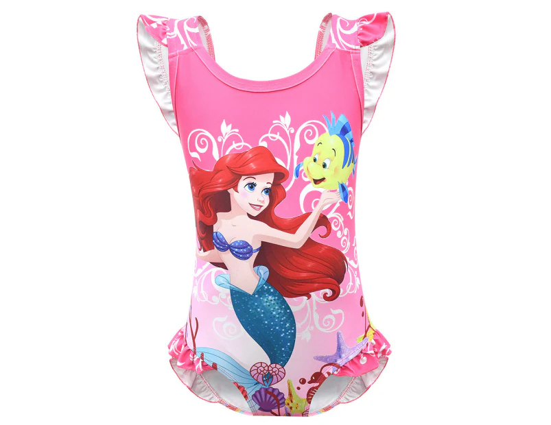 Girls The Little Mermaid One Piece Swimsuit Ruffle Swimwear - Rose Red