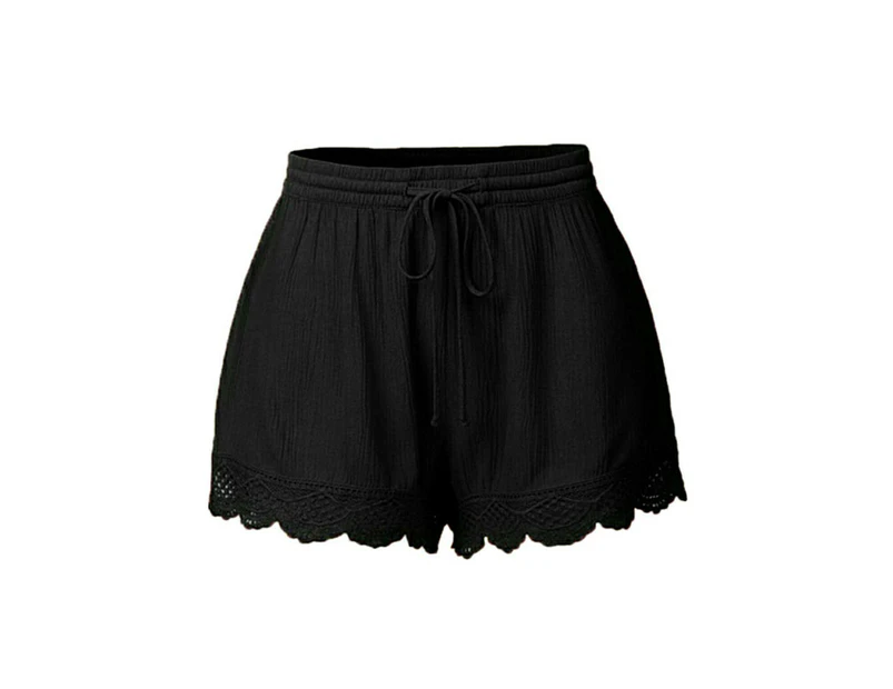 Laced Hem Summer Beach Casual Shorts- Black