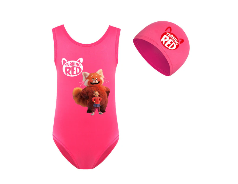 MasBekTe Turning Red Kids Girls Swimwear One Piece Swimsuit Beachwear - Rose Red