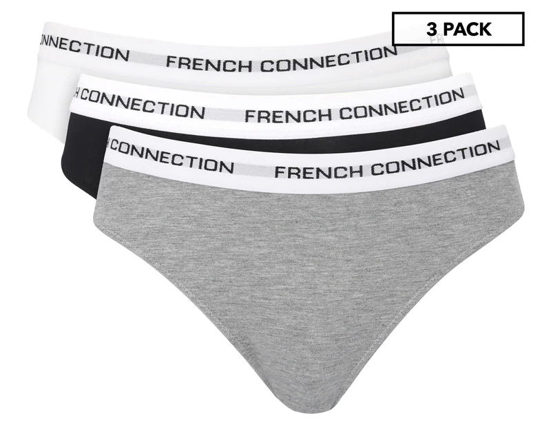 French Connection Women's Solid Heather Thong 3-Pack - Black/Grey/White
