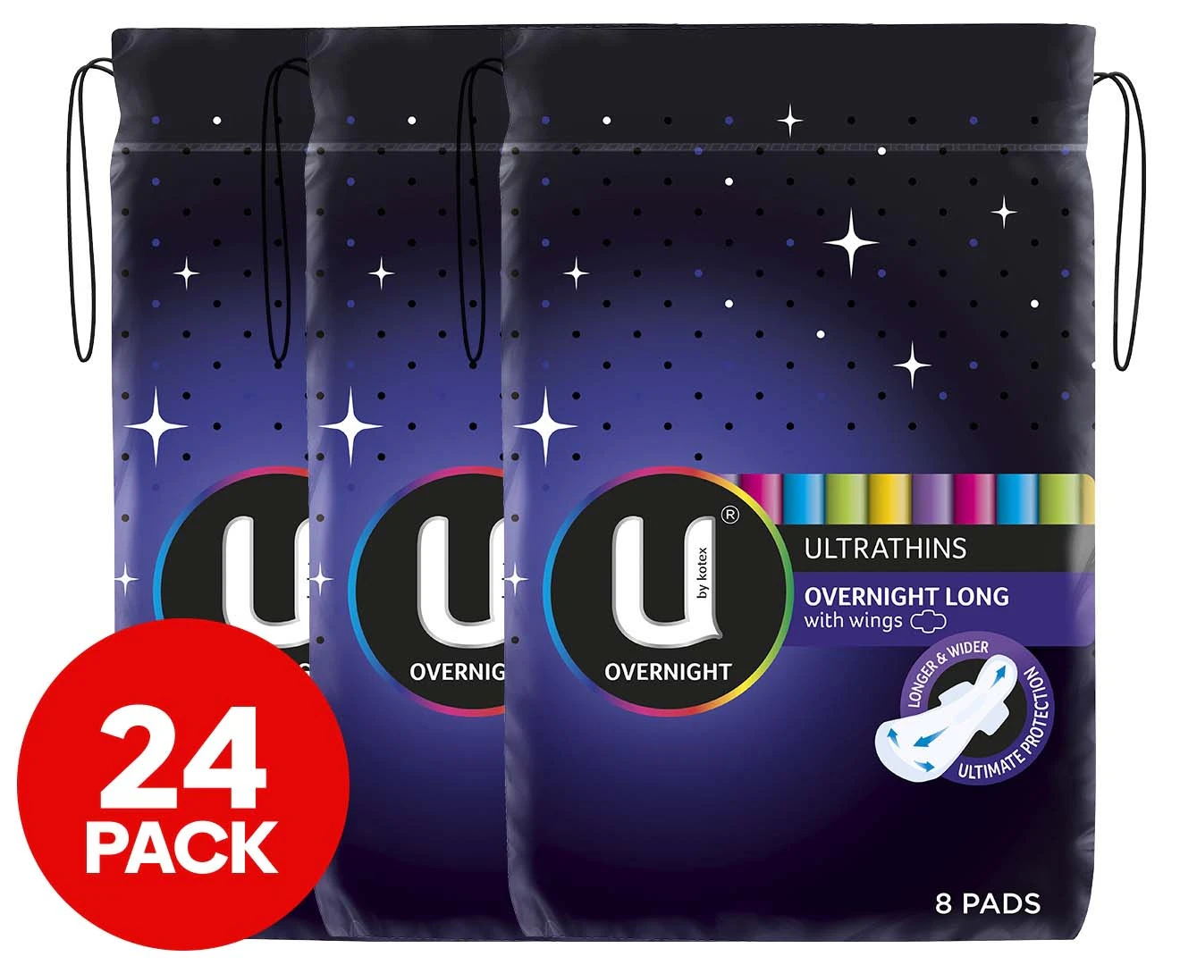 3 x U By Kotex Ultrathins Overnight Long Pads w/ Wings 8pk