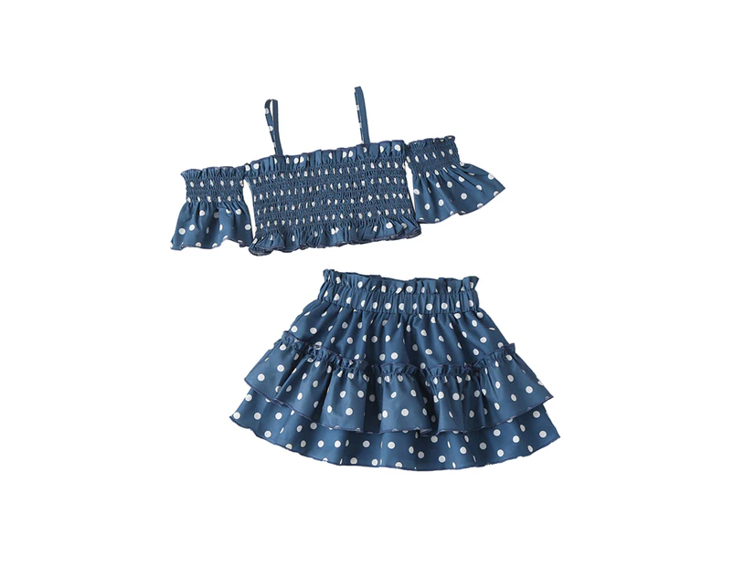 sunwoif Kids Girls Summer Polka Dot Crop Tank Tops Pleated Skirt Set Casual Suit - Dark Blue