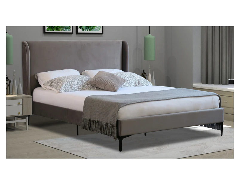 Istyle Modern Classic Olivia Queen Velvet Bed Frame Grey with Black Legs