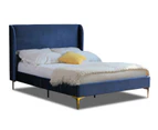 Istyle Modern Classic Olivia Queen Velvet Bed Frame Blue with Gold Legs