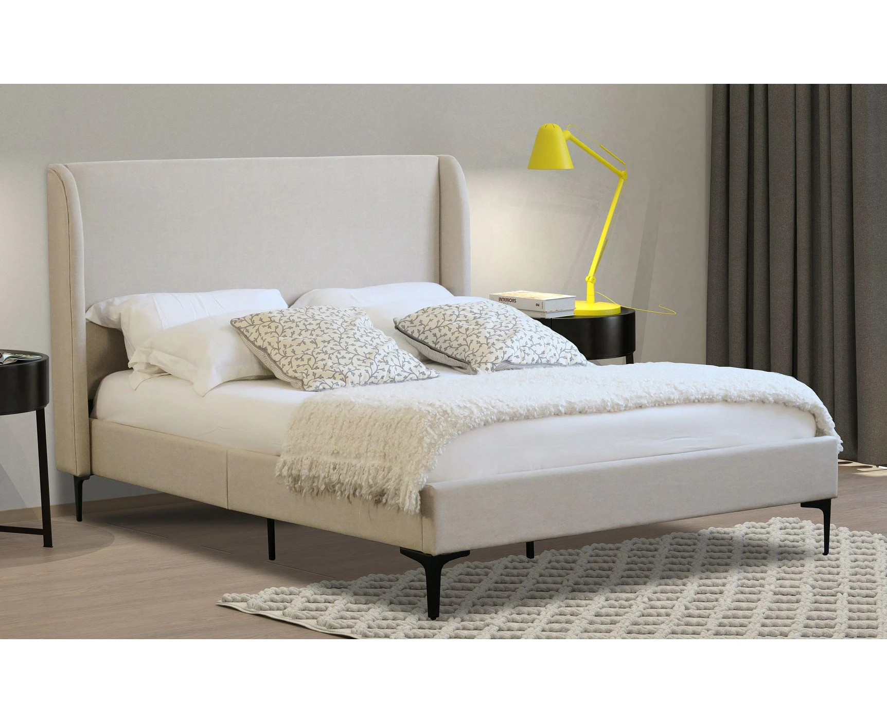 Istyle Modern Classic Olivia Double Fabric Bed Frame White Oak with Black Legs