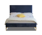 Istyle Modern Classic Cristian Queen Velvet Bed Frame Blue with Gold Legs