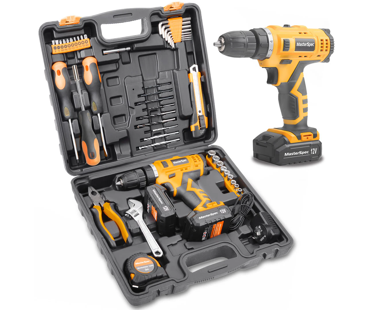 MasterSpec  47PCs 12V Lithium Cordless Drill with 2 Batteries