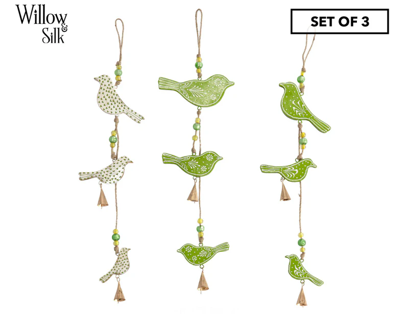 Set of 3 Willow & Silk 12x65cm String Of Handcrafted Hanging Birds - Green/Natural