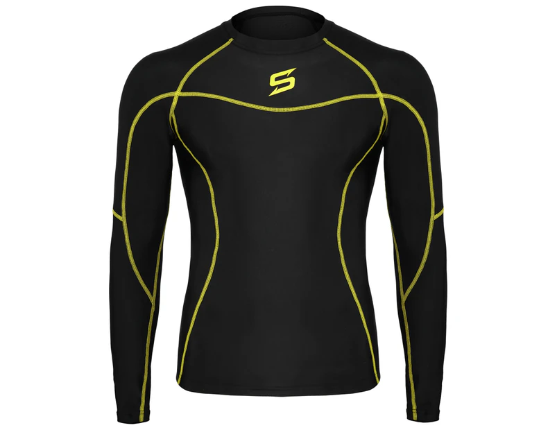 Skills Mens Compression Armour Base Layer Top Long Sleeve Thermal Gym Sports Shirt - Black / Yellow