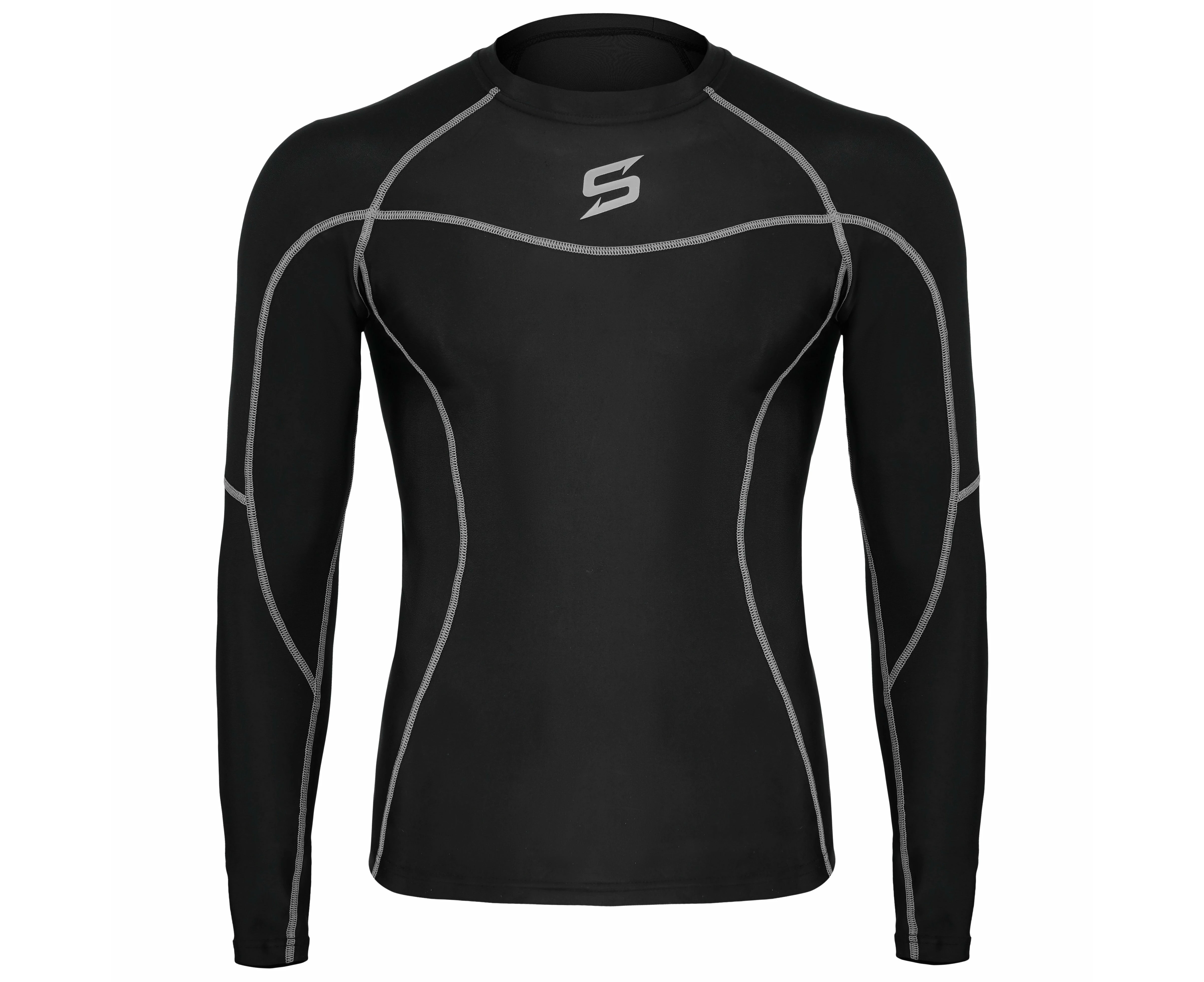 Skills Mens Compression Armour Base Layer Top Long Sleeve Thermal Gym Sports Shirt - Black / Grey