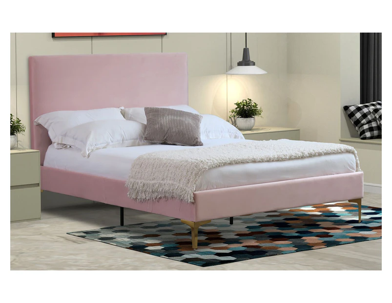 Istyle Modern Classic Cristian Queen Velvet Bed Frame Pink with Gold Legs