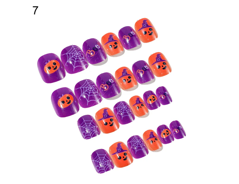 24Pcs/Set Halloween Style Nail Kids Tip Wearable Colorful Kids Full Cover Press On Self Adhesive False Nails for Gift-7