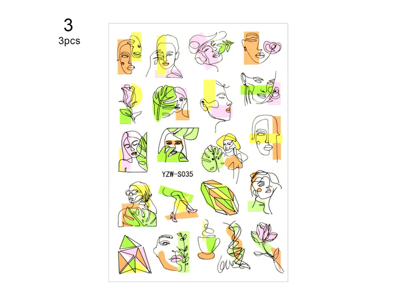 3Pcs Nail Sticker Self-Adhesive Long-lasting Multi-functional Abstract Lady Face 3D Nail Sticker for Girl-3