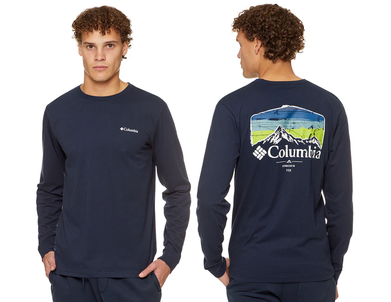 Columbia Men's Pikewood Graphic Long Sleeve Tee / T-Shirt / Tshirt - Collegiate Navy