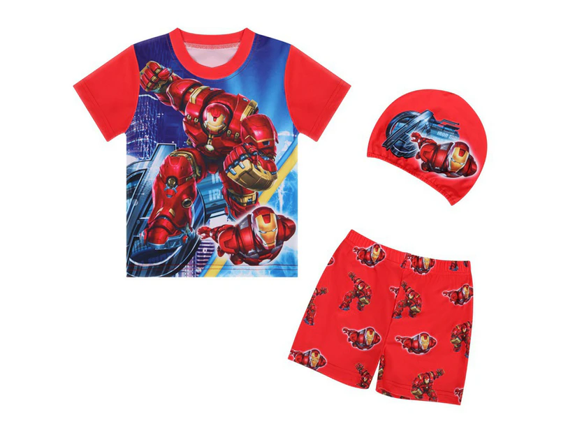 Kids Toddler Boys Iron Man Swimsuit Bathing Suit Trunks Top Swimming Cap Set - Red