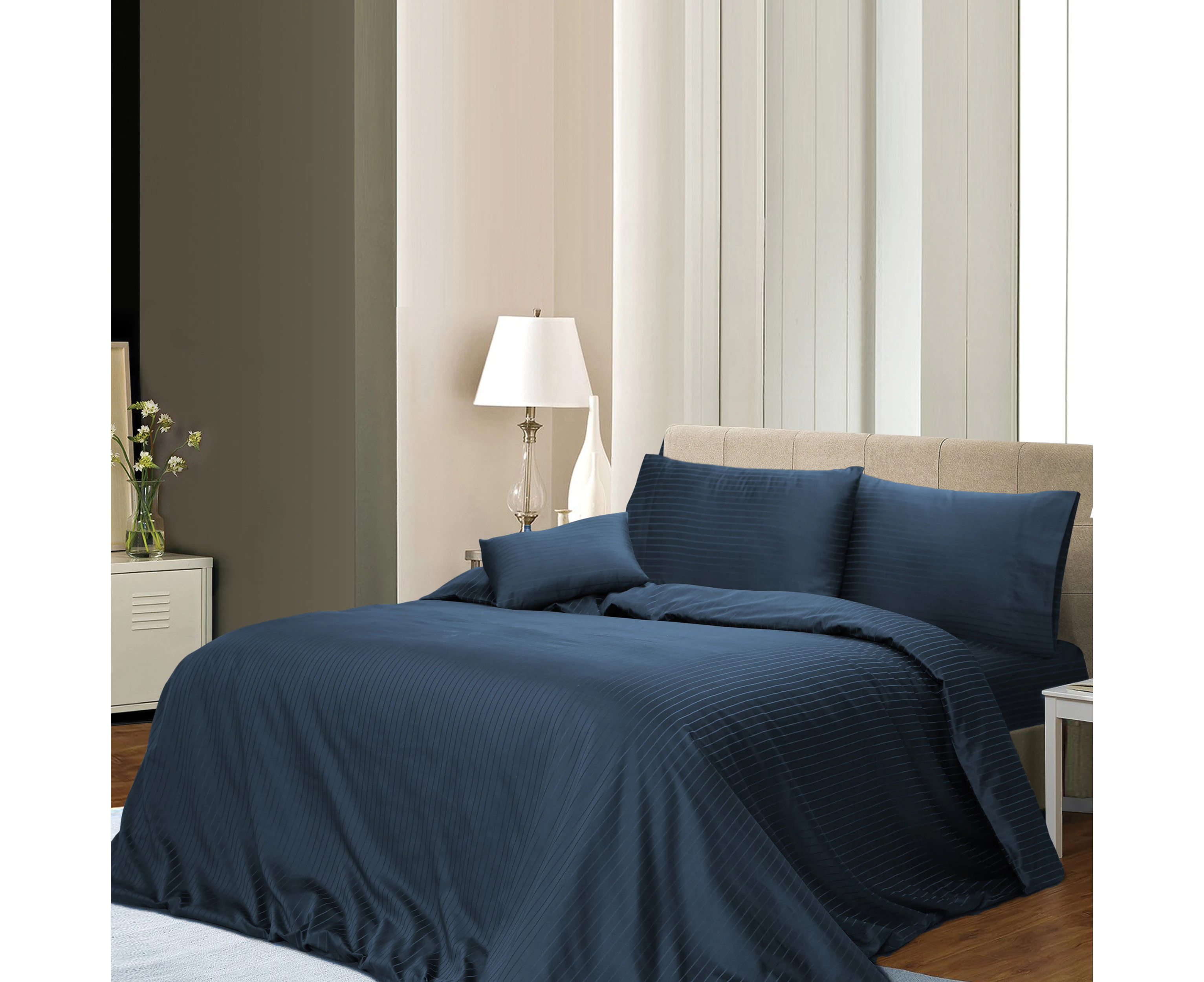 1000tc 3pcs Stripe Quilt Cover - Navy Blue