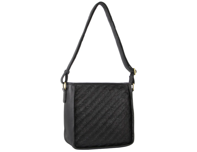 Pierre Cardin Woven Embossed Leather Cross-Body Bag w/ front zip pocket - Black