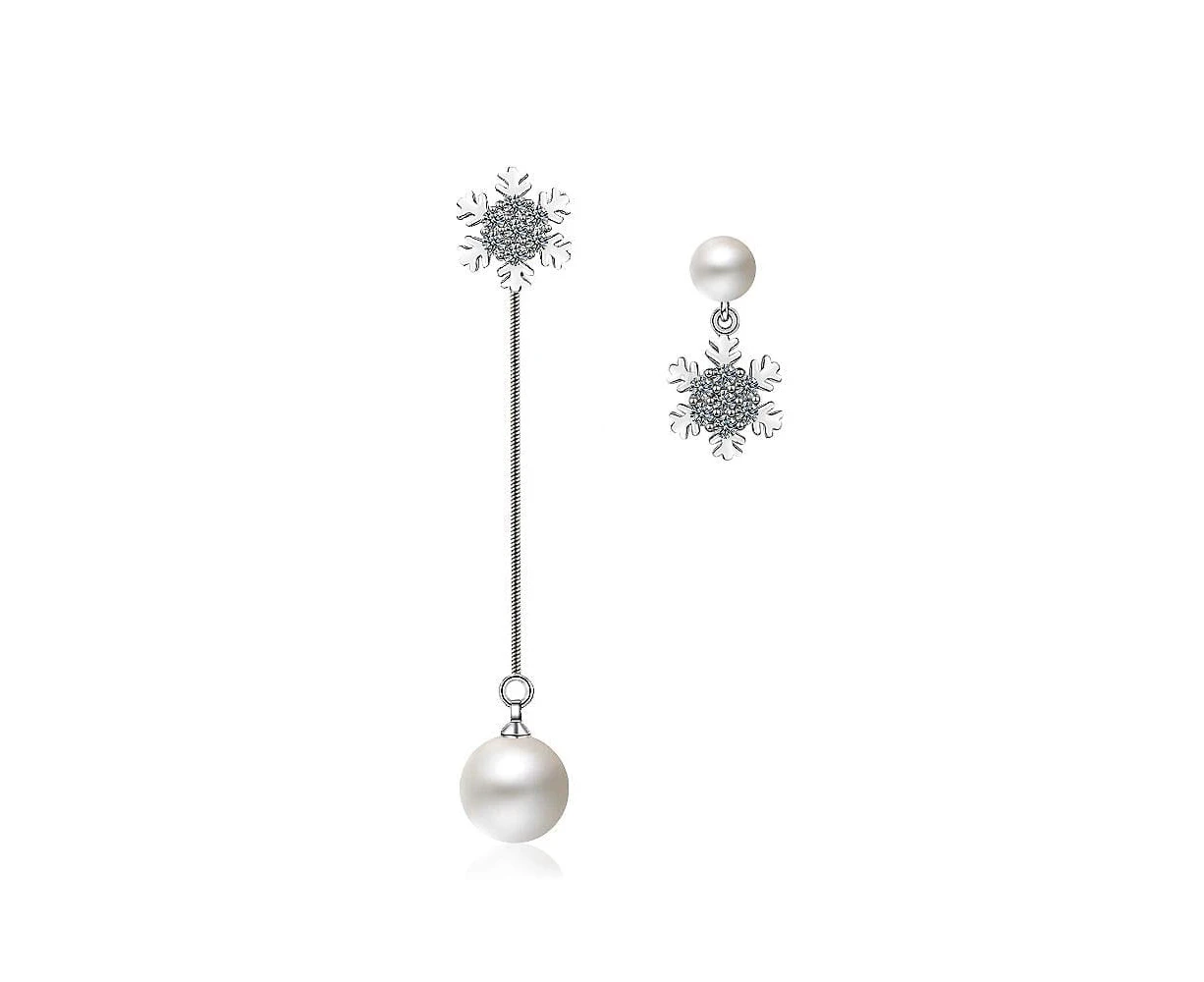 Sparkling Zirconias Snow with White Pearl Drop Earrings