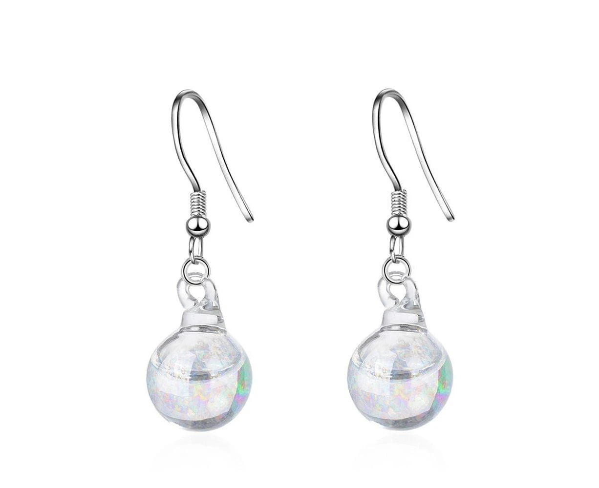 Clear Rainbow Glass Bubble White Gold Layered Drop Earrings