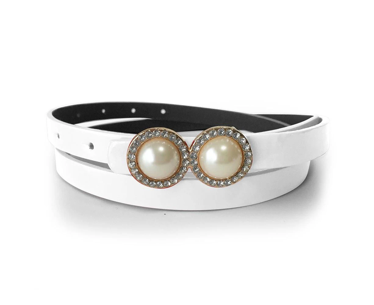 Leather Belt With Pearls & Crystals Red