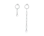 Solid 925 Sterling Silver Asymmetrical Chain Shell Pearl Drop Earrings