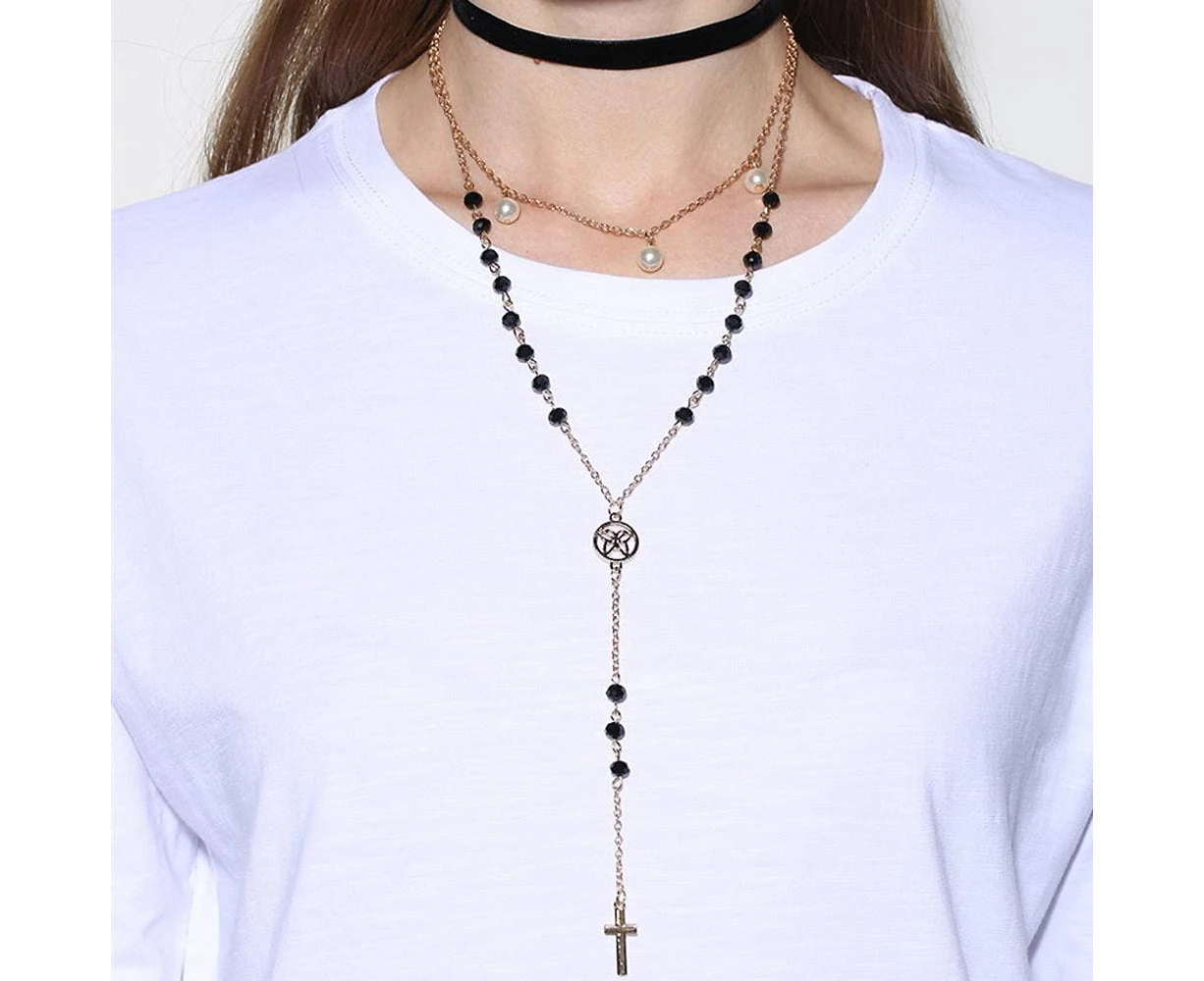 Multilayer 3 Piece Choker Doughnut Cross Layering Gold Necklace