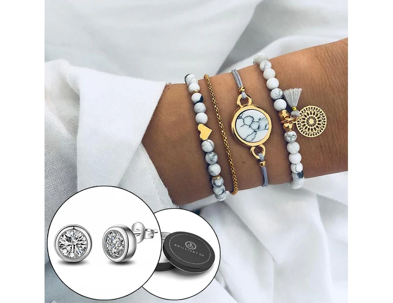 Boxed Bohemian Multi Layered Charm Bead Bracelet and Stud White Gold Plated Earrings Set - Grey