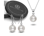 Boxed Solid 925 Sterling Silver Imitation White Pearl Necklace and Earrings Set