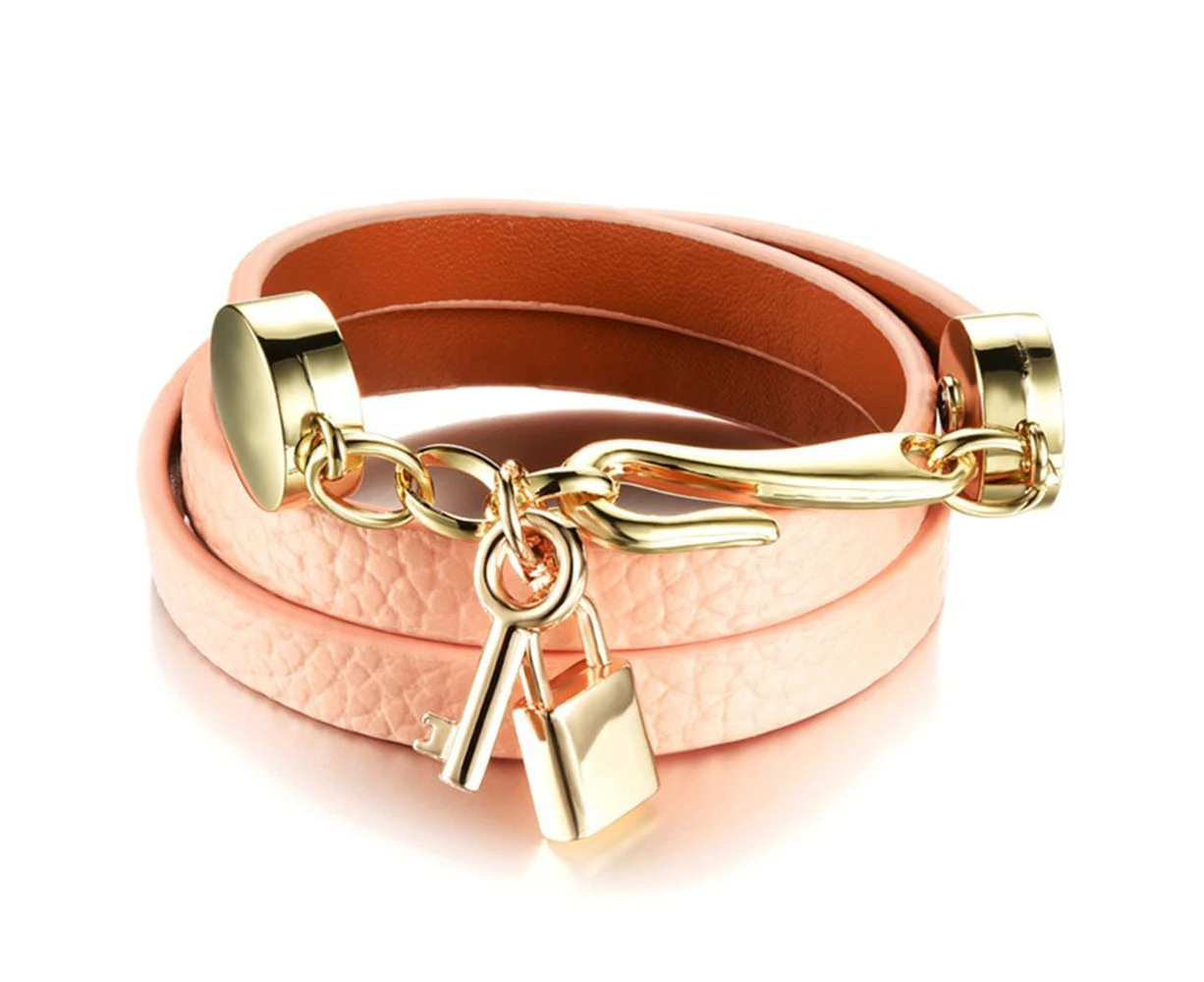 Genuine Cow Leather Wrap Bracelet With 18K Gold Lock & Key Charm