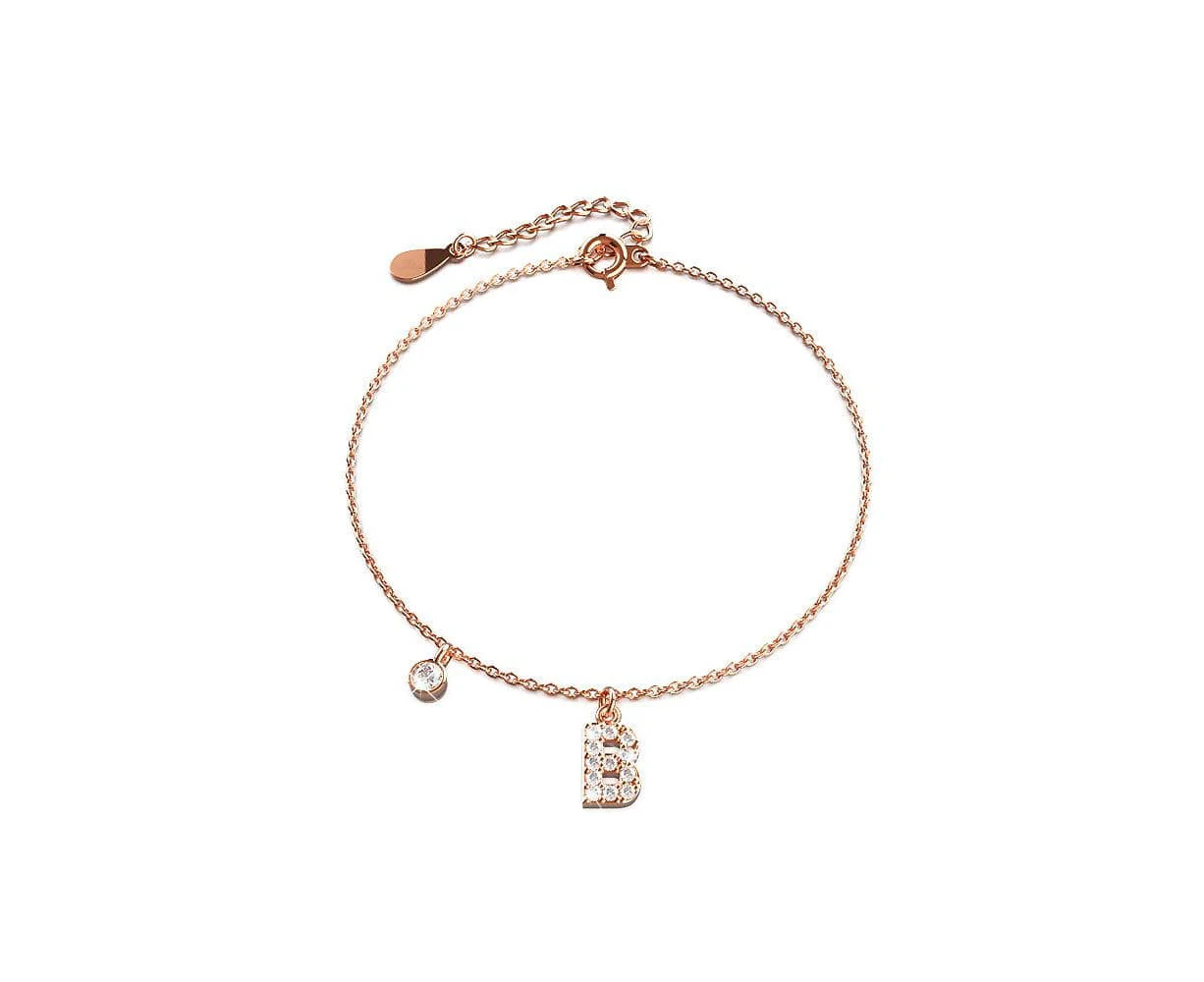 Solid 925 Sterling Silver Initial Crystal Personalised Alphabet Letter Bracelet Rose Gold Filled - B