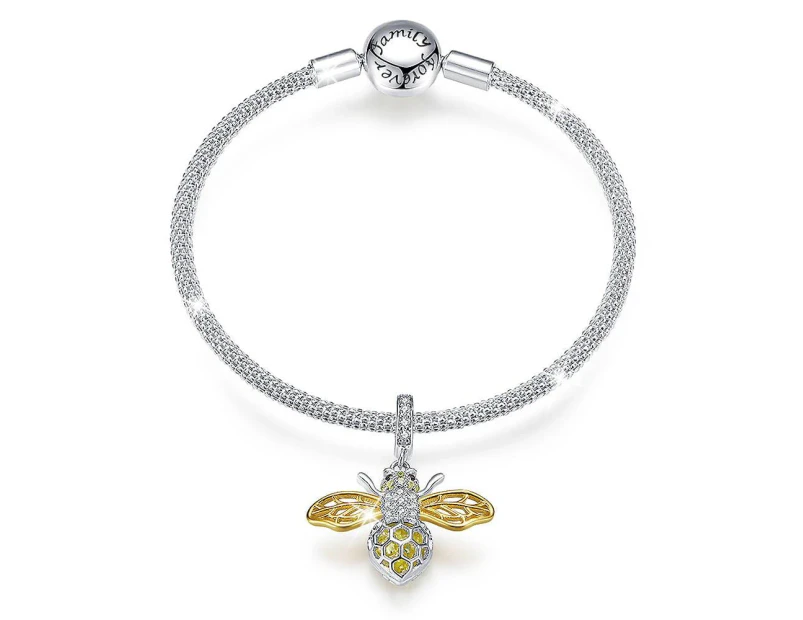 Solid 925 Sterling Silver Crystal Yellow Bee Animal Bracelet