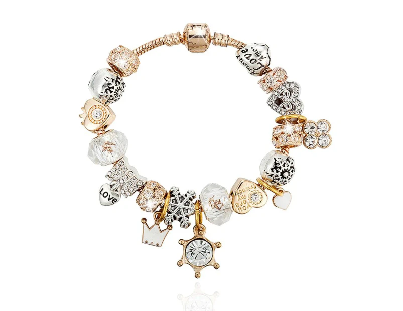 Pandora Inspired Full Set Beaded Charm Bracelet - White/ Gold