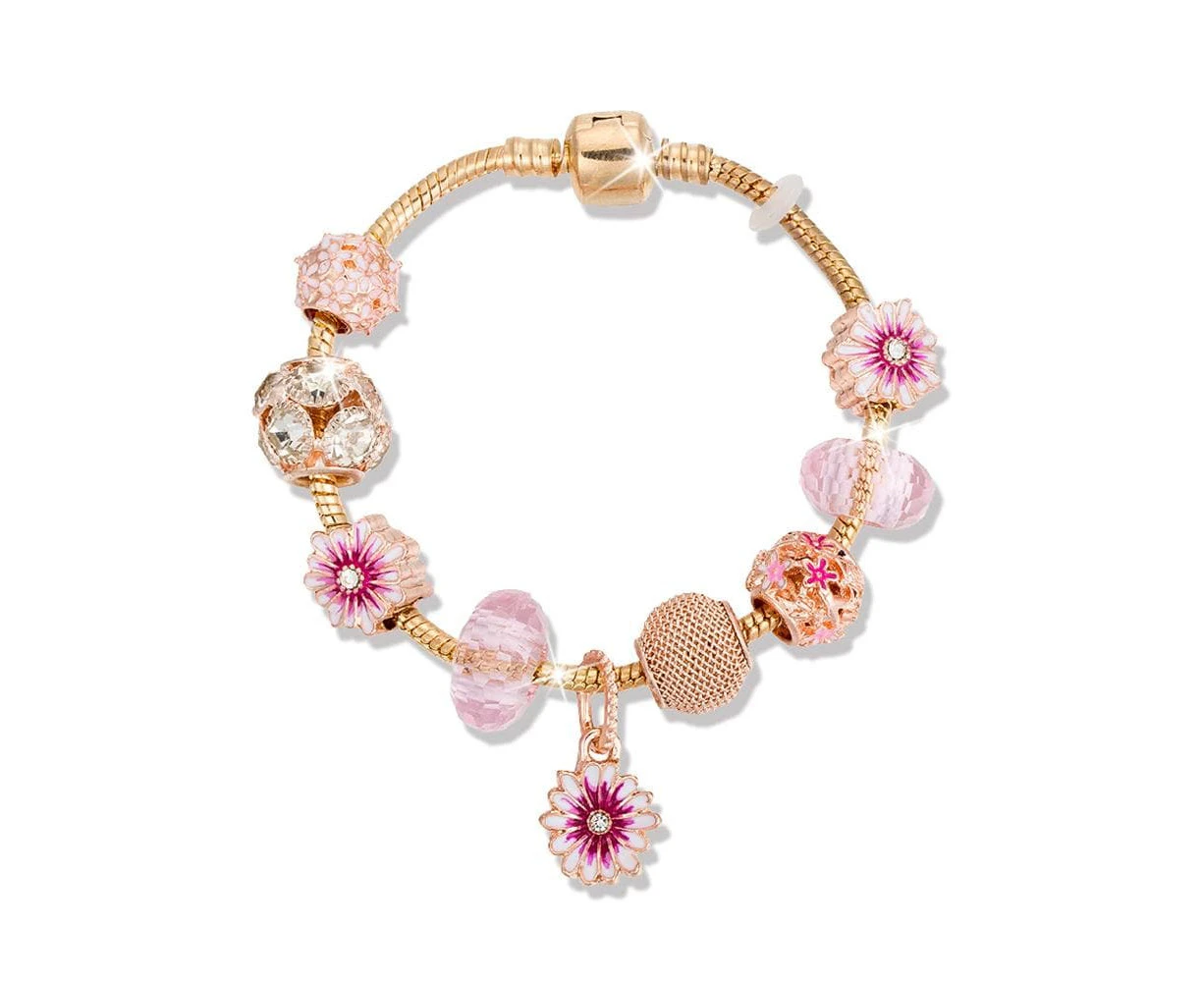 Pandora Inspired Full Set Beaded Charm Bracelet - Gold/ Pink