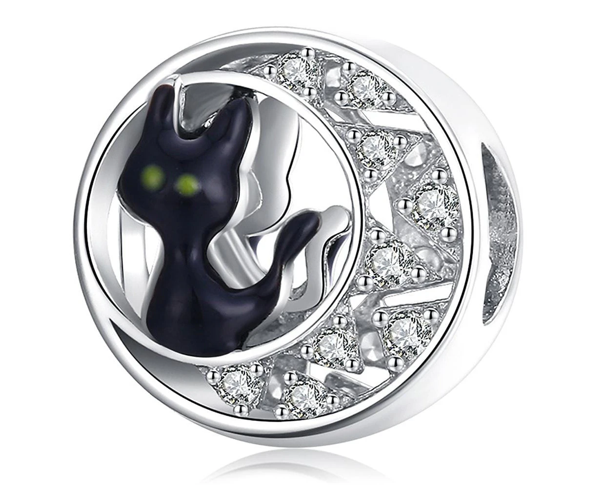 Solid 925 Sterling Silver Black Cat Over the Moon Pandora Inspired Charm